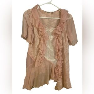 Vintage Ravel Ruffled Asymetrical Top Medium Pink semi-Sheer Fairycore Y2K